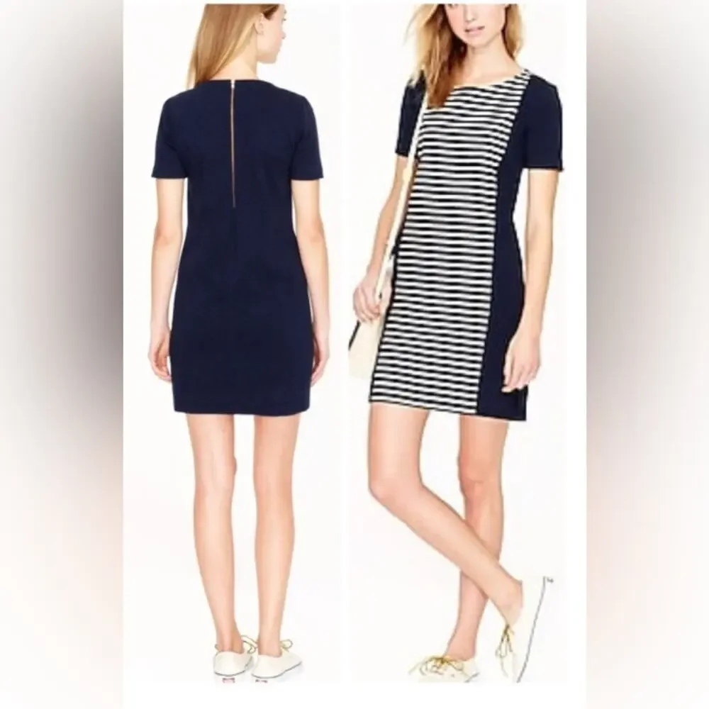J Crew Knit Shift Dress Heather Navy Blue Cream Ivory Stripe exposed zipper